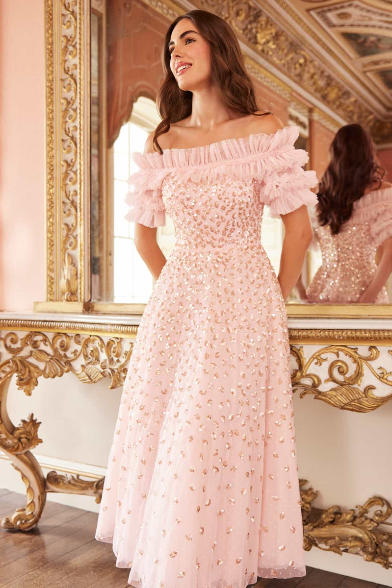 Autumn Leaves Off-Shoulder Ballerina Dress Pink | Needle & Thread Autumn Leaves Off-Shoulder Ballerina Dress Pink | Needle & Thread