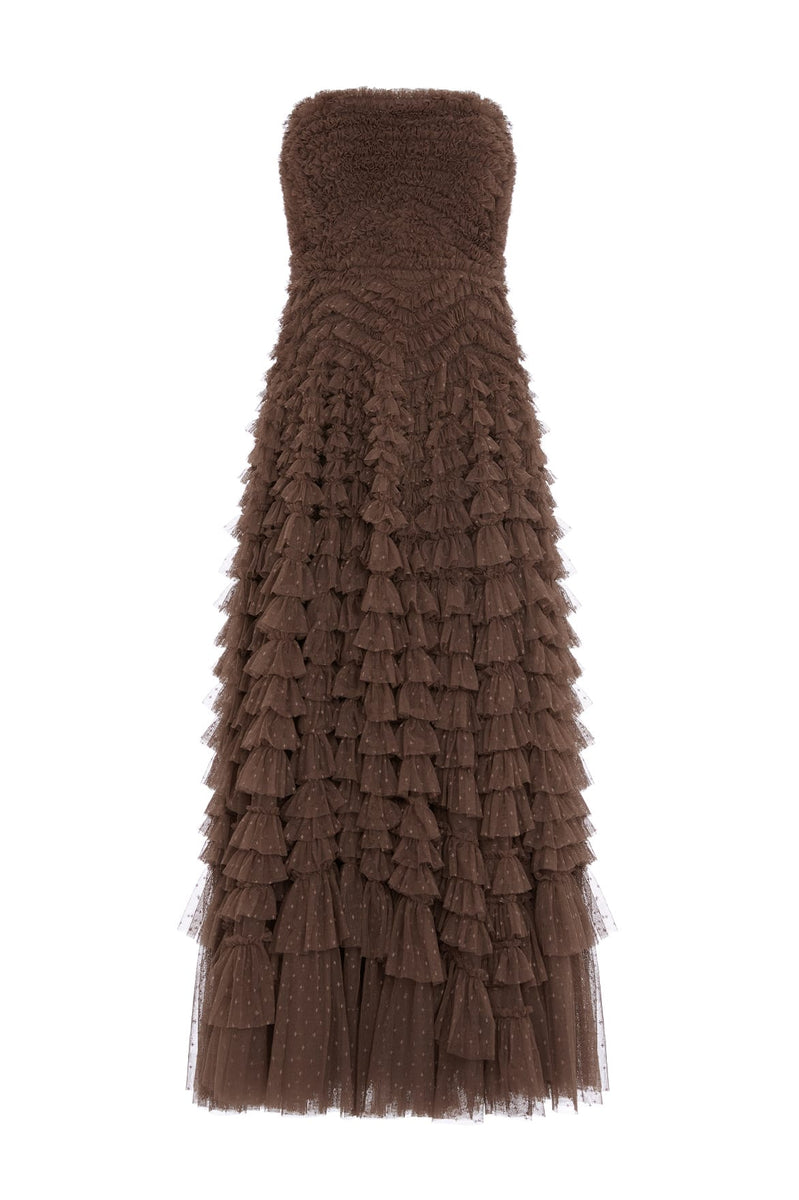 Hattie Ruffle Strapless Ankle Gown Brown | Needle & Thread Hattie Ruffle Strapless Ankle Gown Brown | Needle & Thread