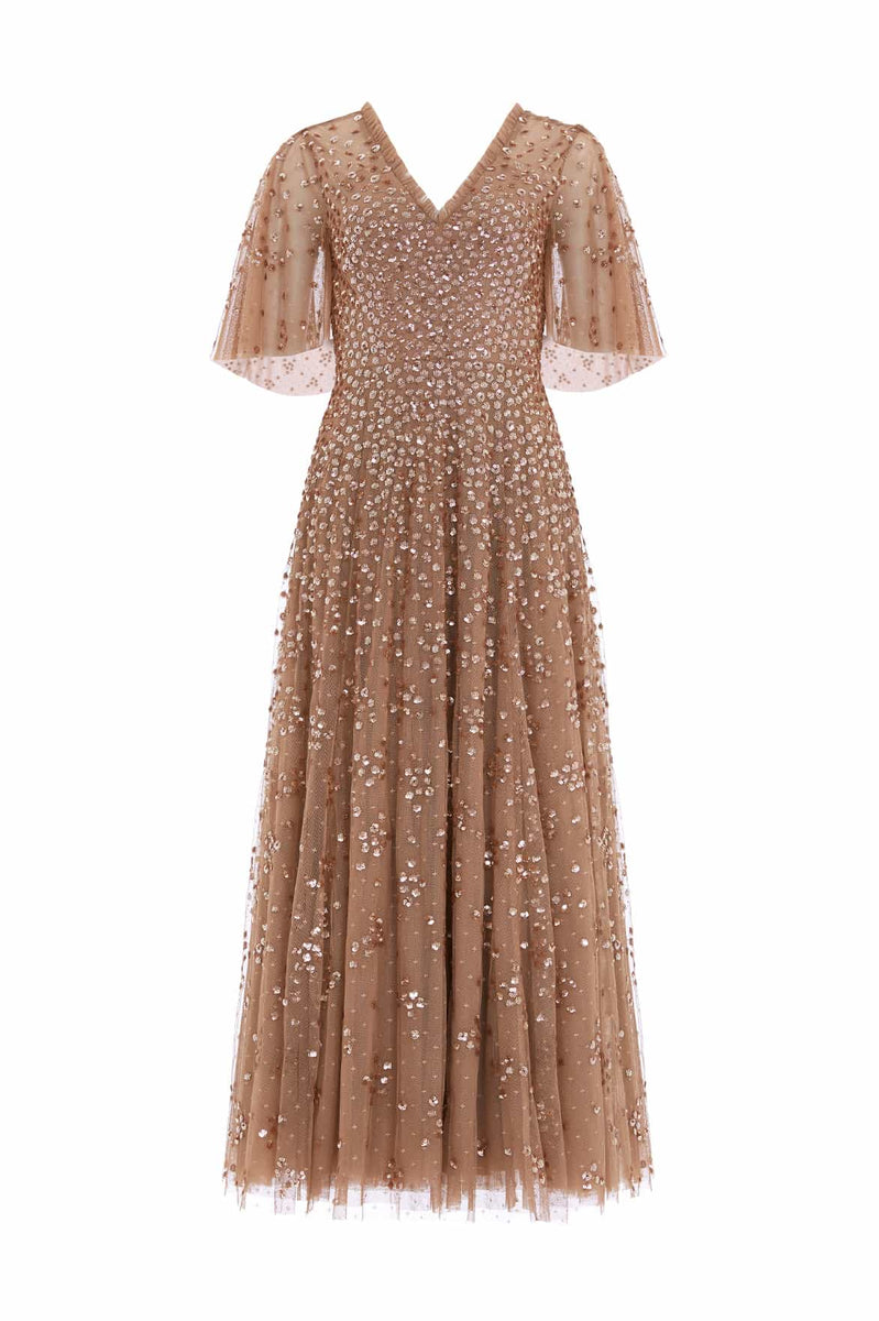 Leila Dot V-Neck Cape Ankle Gown – Brown