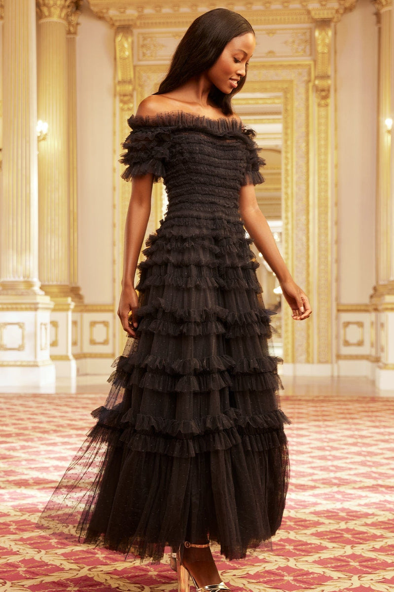needle and thread off the shoulder dress Lisette Ruffle Off Shoulder Gown