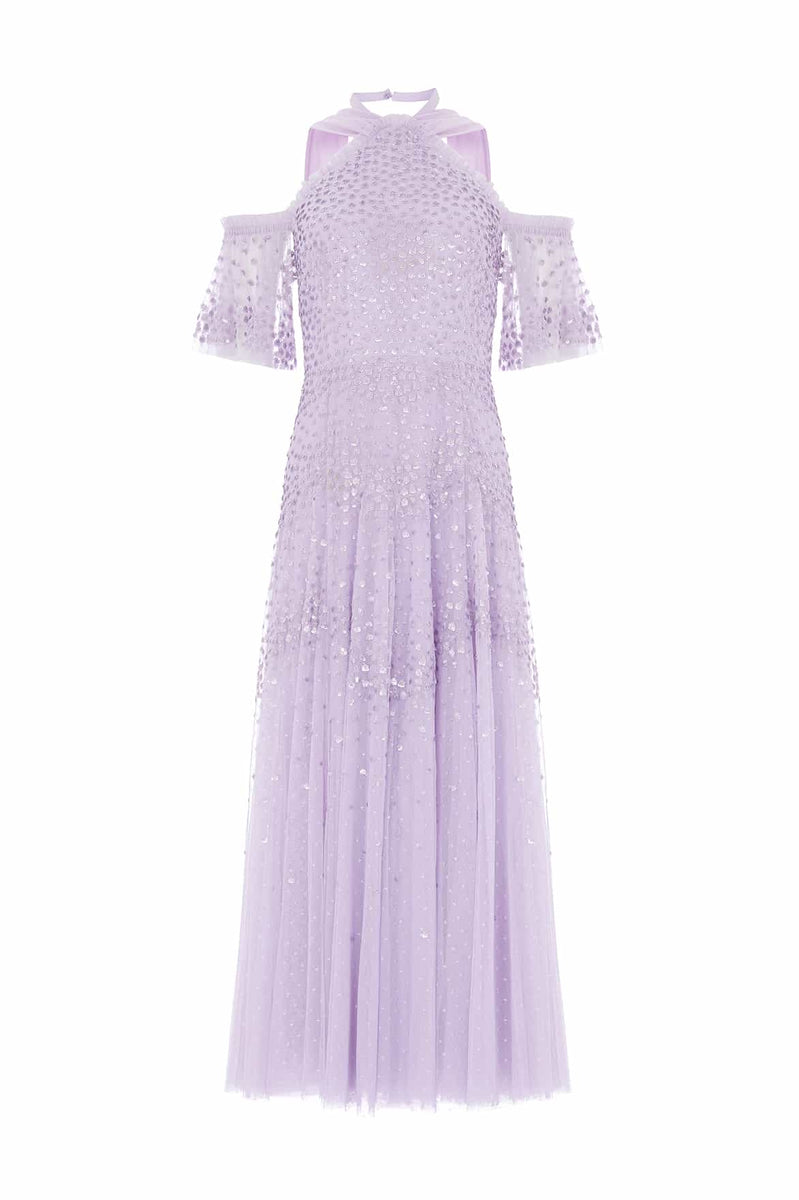 Scallop Sequin Halter-Neck Ankle Gown – Purple
