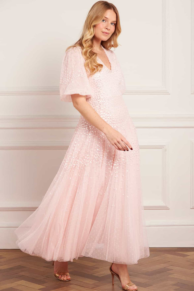 Scallop Sequin V-Neck Ankle Gown – Pink