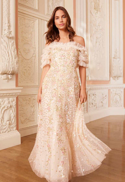 Confetti Ruffle Off-Shoulder Ankle Gown