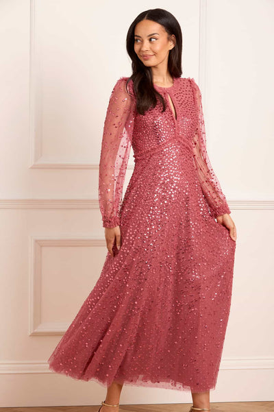 Dappled Sequin Long Sleeve Ankle Gown
