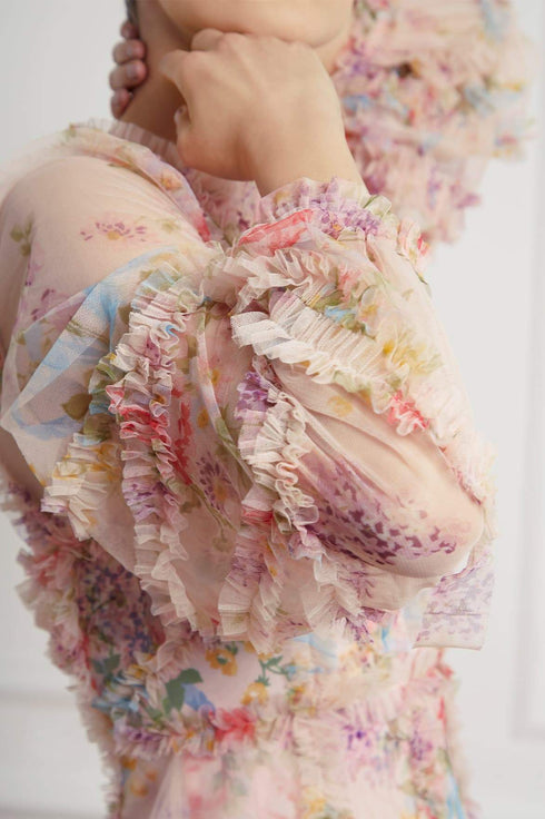 Floral Diamond Ruffle Dress - Pink