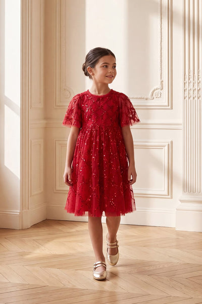 Bow Lattice Short Sleeve Kids Dress