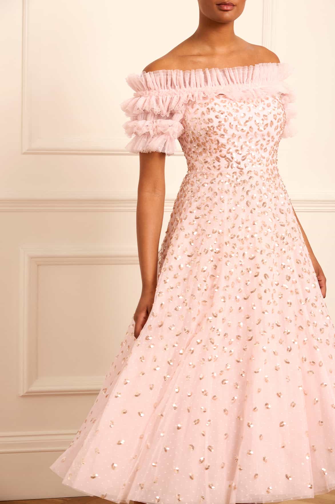 Autumn Leaves Off-Shoulder Ballerina Dress Pink | Needle & Thread Autumn Leaves Off-Shoulder Ballerina Dress Pink | Needle & Thread
