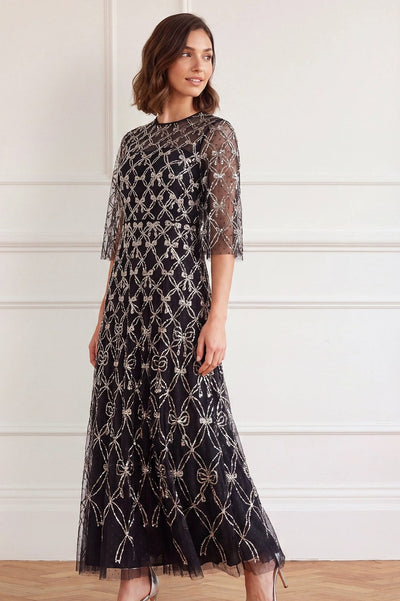 Bow Lattice Round Neck Ankle Gown