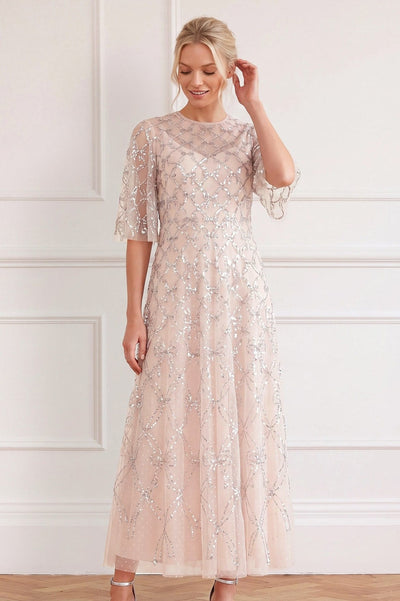 Bow Lattice Round Neck Ankle Gown