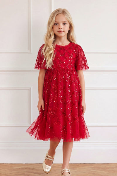Bow Lattice Short Sleeve Kids Dress