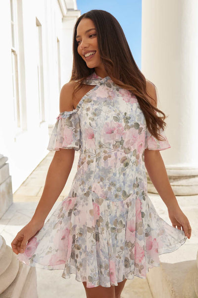 Camille's Garden Georgette Halter-Neck Micro Mini Dress