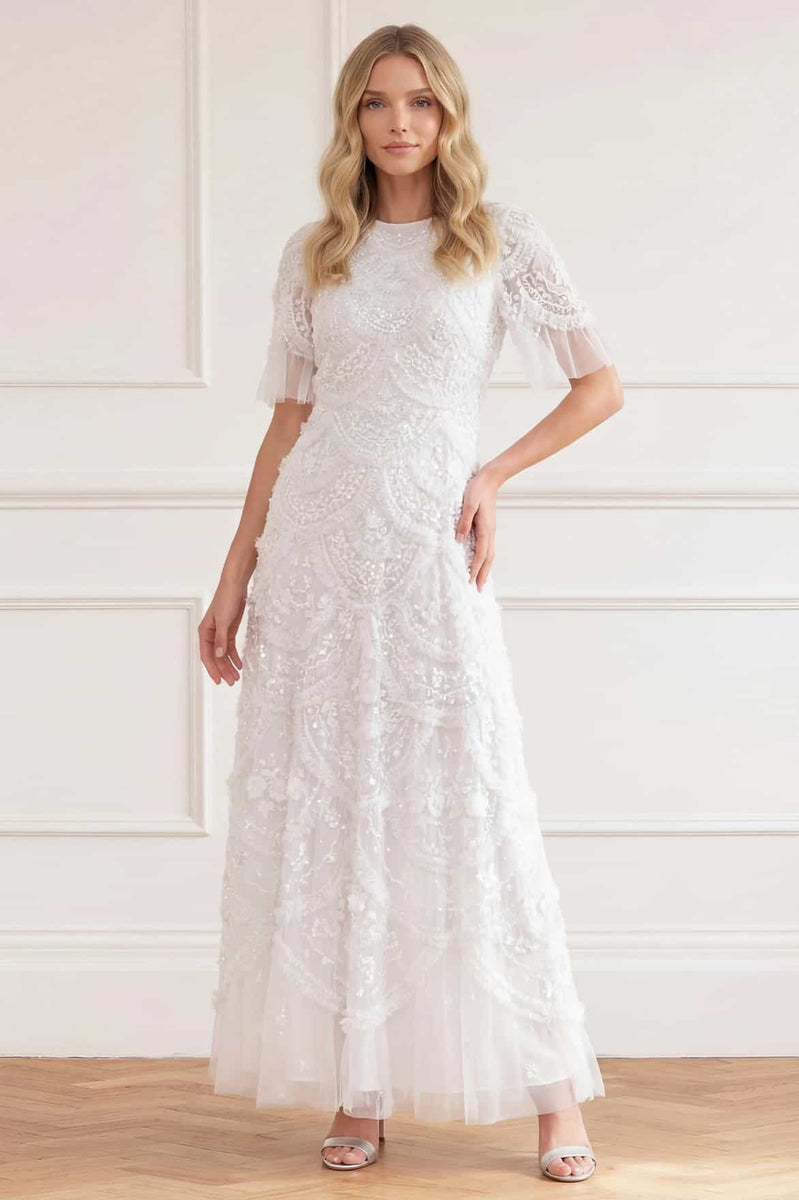 Carmen Ruffle Ankle Gown – White | Needle & Thread