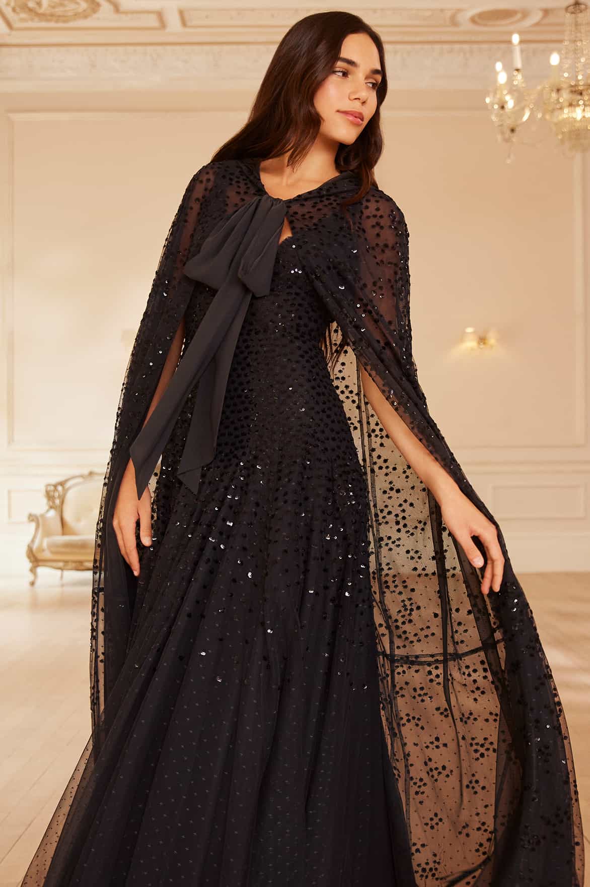 Dappled Sequin Hooded Long Cape Black | Needle & Thread Dappled Sequin Hooded Long Cape Black | Needle & Thread