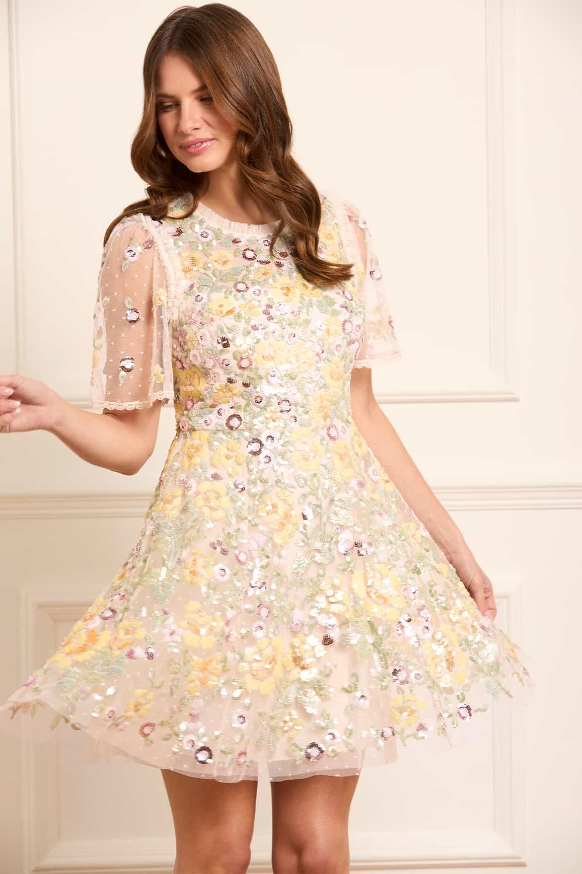 elina mini dress in cream Needle & Thread Elina Rose Embellished Mini Dress In Cream - 55% Off