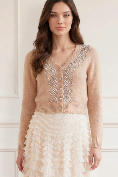 Embellished V-Neck Short Cardigan