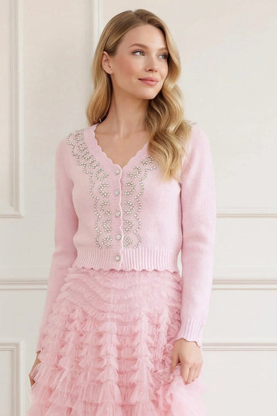 Embellished V-Neck Short Cardigan