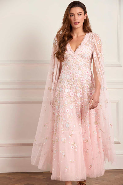 Ethereal Blooms Cape Sleeve Ankle Gown
