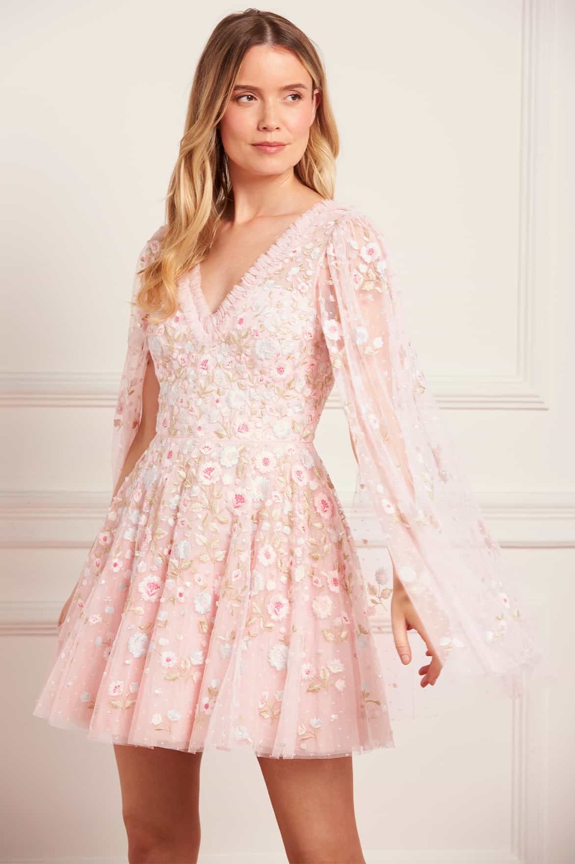 Ethereal Blooms Cape Sleeve Micro Mini Dress Pink | Needle & Thread Ethereal Blooms Cape Sleeve Micro Mini Dress Pink | Needle & Thread