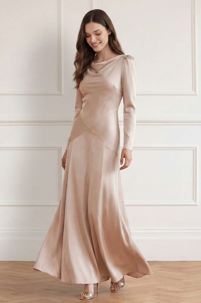 Evangeline Satin Cowl Neck Long Sleeve Gown
