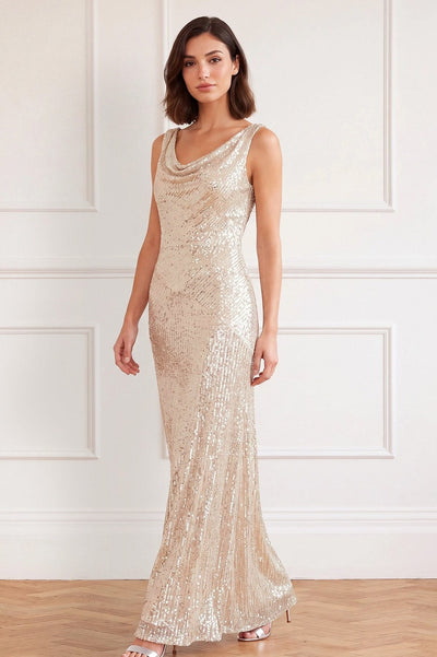 Evangeline Sequin Cowl Neck Gown