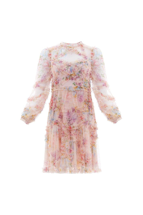 Floral Diamond Ruffle Dress - Pink