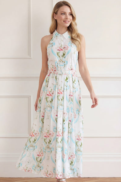Floral Ribbon Cotton Halter Ankle Gown