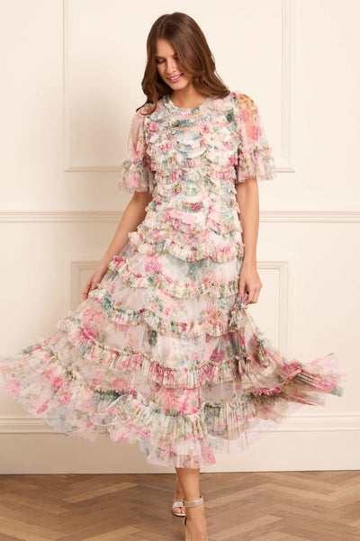 Floral Romance Round Neck Ballerina Dress