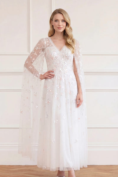 Freesia Shimmer Cape Sleeve Ankle Gown