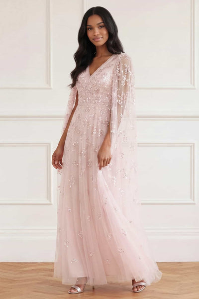 Freesia Shimmer Cape Sleeve Ankle Gown