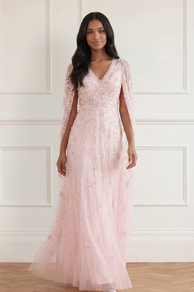 Freesia Shimmer Cape Sleeve Ankle Gown