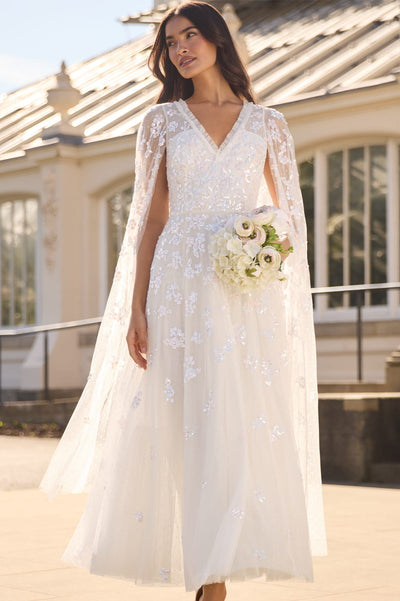 Freesia Shimmer Cape Sleeve Ankle Gown