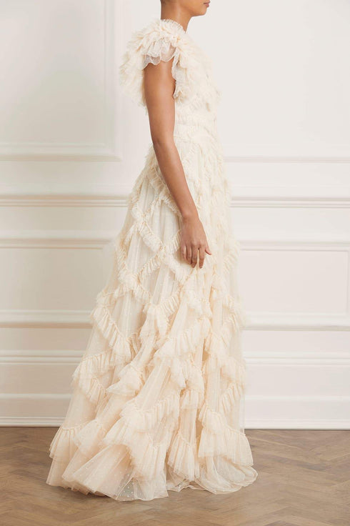 Genevieve Ruffle Gown - Beige