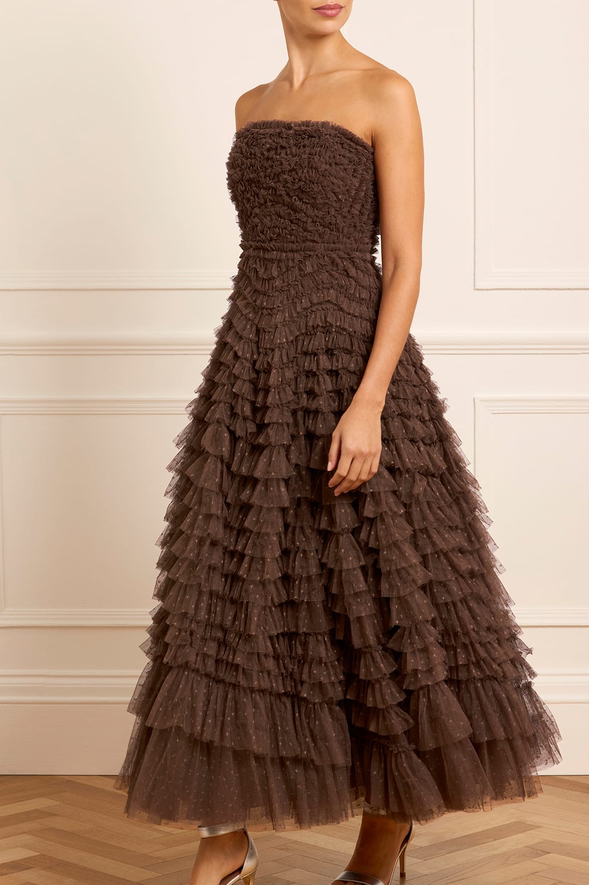 Hattie Ruffle Strapless Ankle Gown Brown | Needle & Thread Hattie Ruffle Strapless Ankle Gown Brown | Needle & Thread