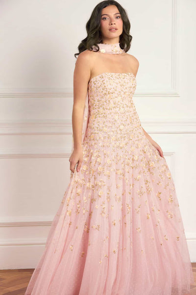 Lea Ditsy Strapless Cape Gown