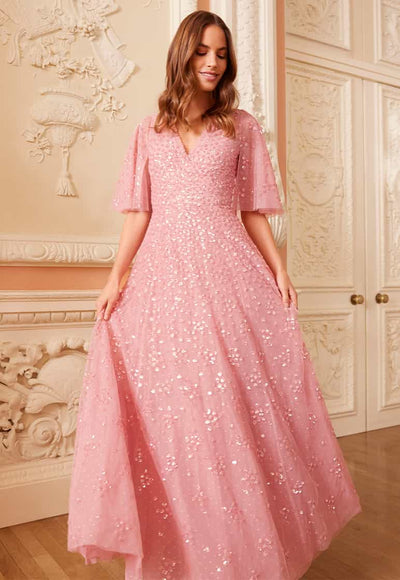 Leila Dot V-Neck Cape Ankle Gown