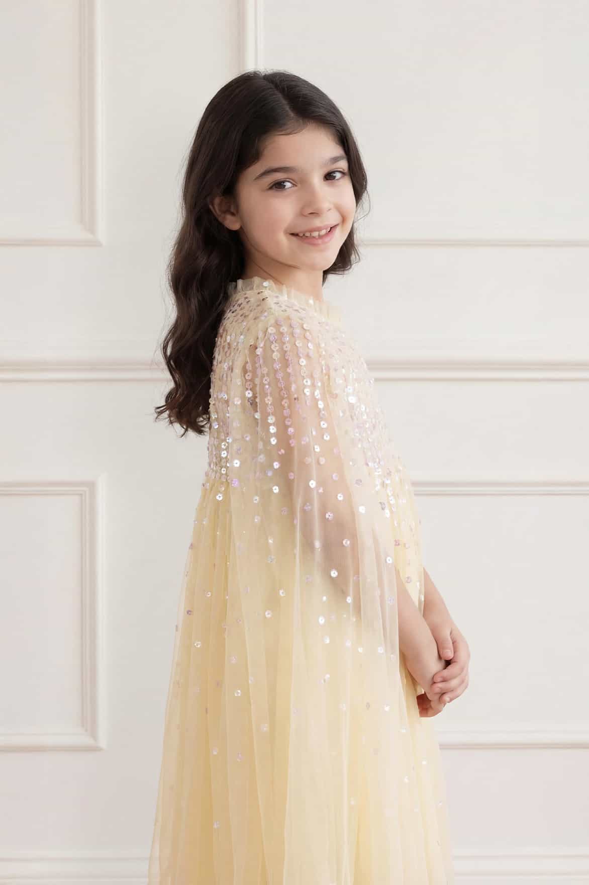 Moonlight Sequin Cape Kids Dress Yellow | Needle & Thread Moonlight Sequin Cape Kids Dress Yellow | Needle & Thread