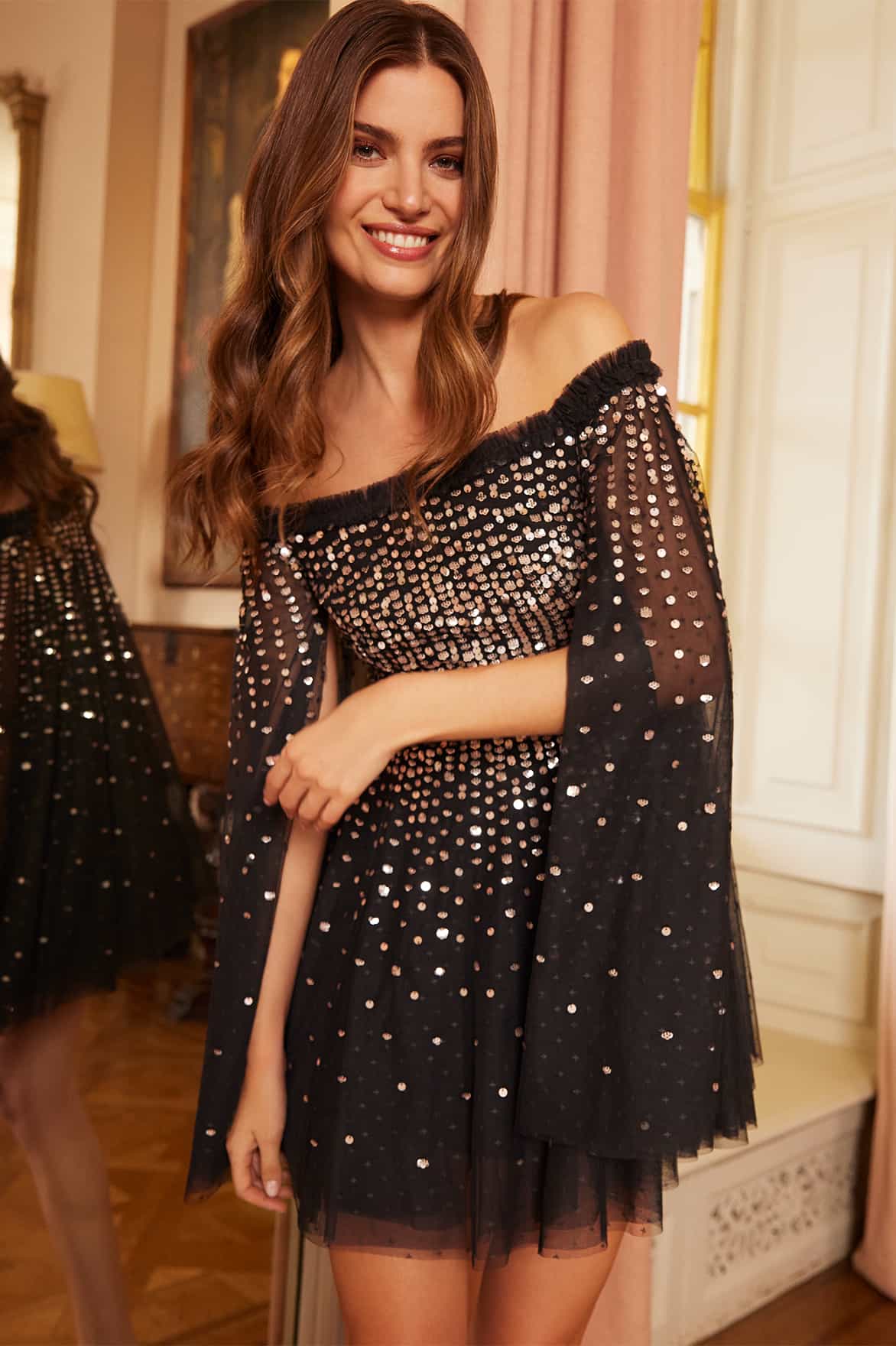 black sequin cape dress Black Velvet Cape Dress with Sequin Details