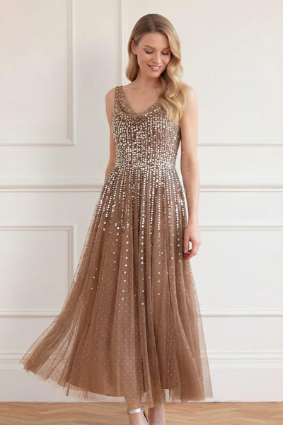 Moonlight Sequin Cowl Neck Ankle Gown
