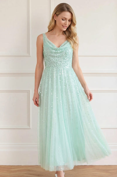 Moonlight Sequin Cowl Neck Ankle Gown