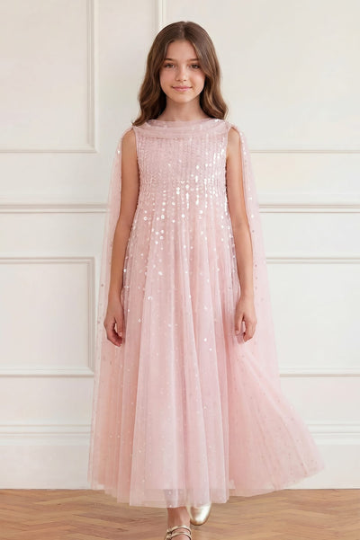 Moonlight Sequin Draped Cape Kids Gown