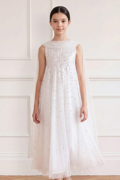 Moonlight Sequin Draped Cape Kids Gown