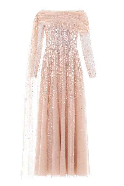 Moonlight Sequin Draped Long Sleeve Gown
