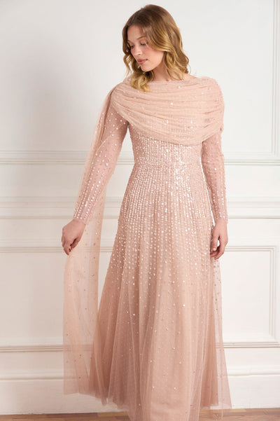 Moonlight Sequin Draped Long Sleeve Gown