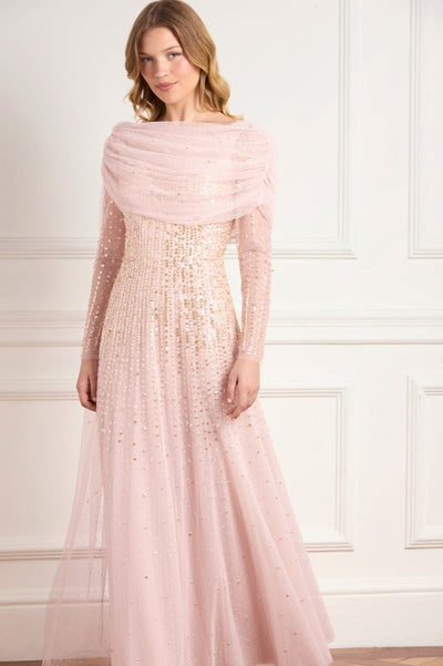 Moonlight Sequin Draped Long Sleeve Gown