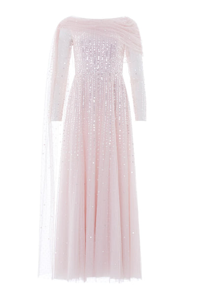 Moonlight Sequin Draped Long Sleeve Gown