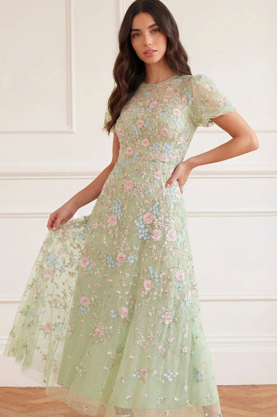 Peony Bouquet Round Neck Ankle Gown