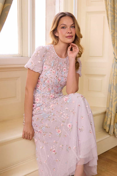 Peony Bouquet Round Neck Ankle Gown