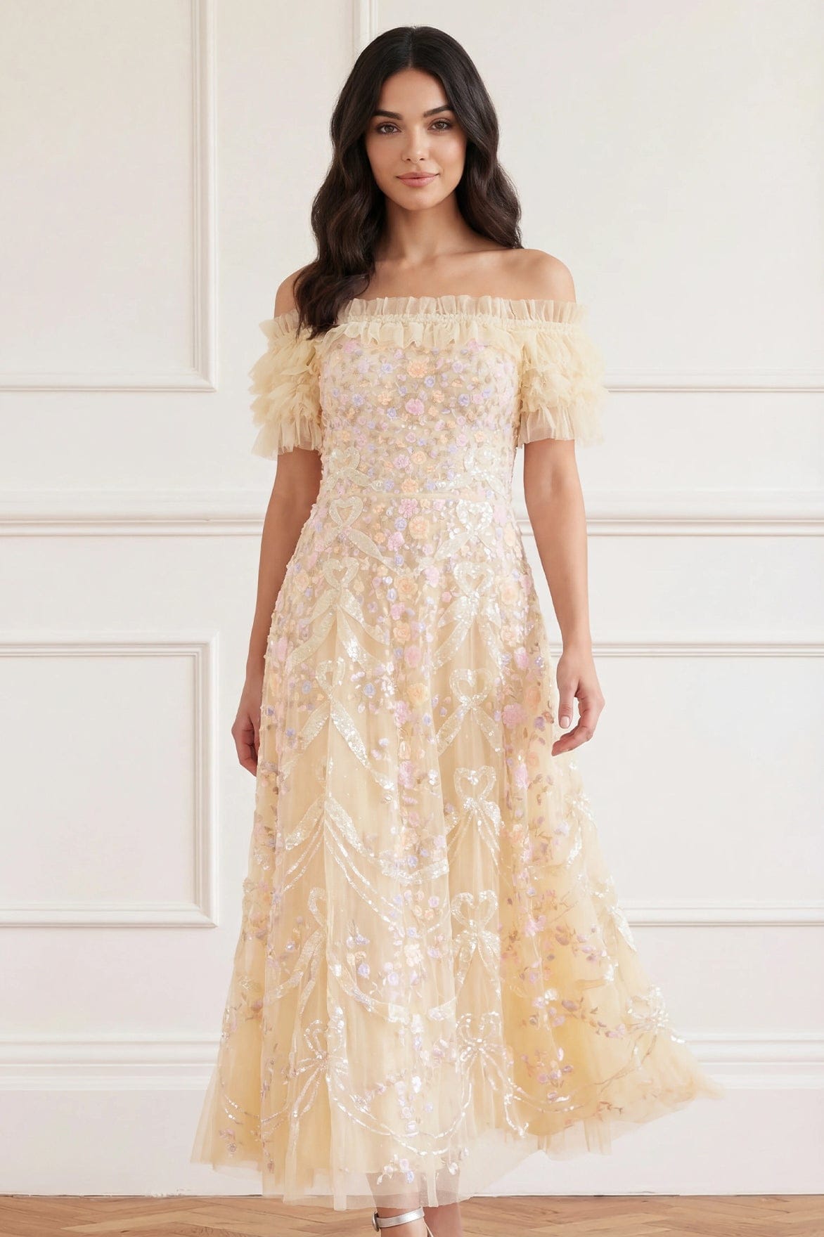 Ribbon Heart Off-Shoulder Ankle Gown Yellow | Needle & Thread Ribbon Heart Off-Shoulder Ankle Gown Yellow | Needle & Thread