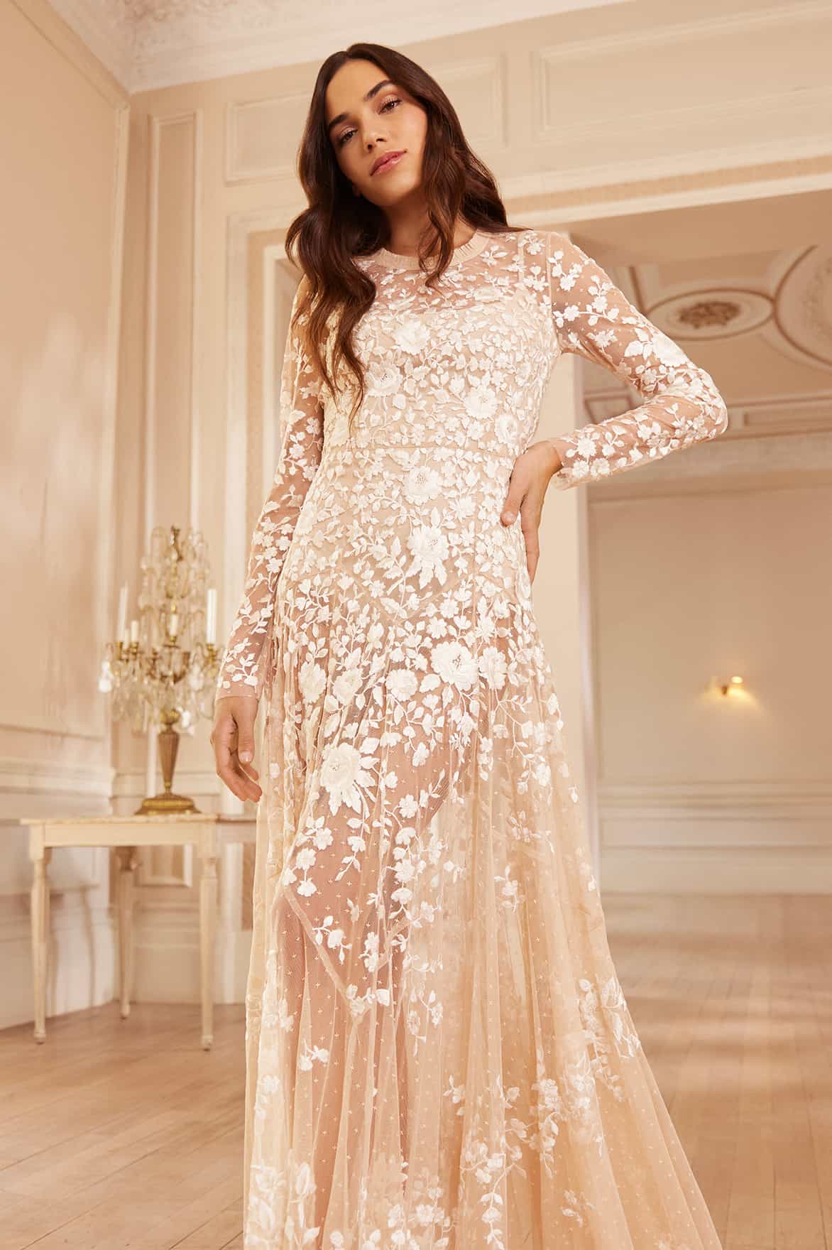 Rosa Sheer Ankle Gown Beige | Needle & Thread Rosa Sheer Ankle Gown Beige | Needle & Thread
