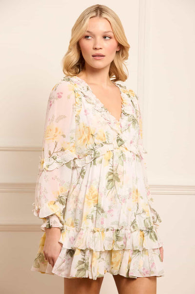 Rose Chiffon Long Sleeve Micro Mini Dress